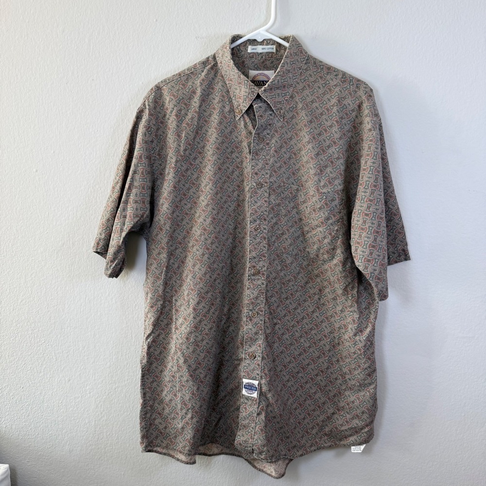 Savane Mens Large Short Sleeve Button Up Shirt Brown Paisley‎ Print 100% Cotton